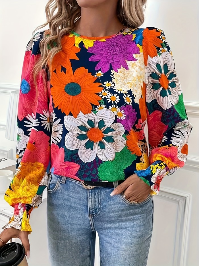 Elegant Floral Print Long Sleeve Blouse for Women - 100% Polyester Crew Neck Top with Knotted Details, Woven Regular Fit Shirt for Weekend Casual - Spring\u002FSummer\u002FFall Collection - For Women - Perfect for Casual Outings, Work, or Date Nights - Ideal Gift for Her