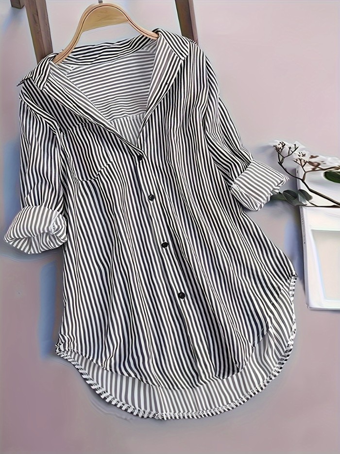 Stripe Print Button Front Blouse, Casual Long Sleeve Blouse For Spring & Fall, Women's Clothing