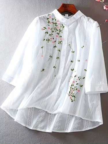 Elegant Floral Blouse for Women - Sheer White, Round Neck, Ruffled Cuffs | Perfect for Spring & Summer, Feminine Style