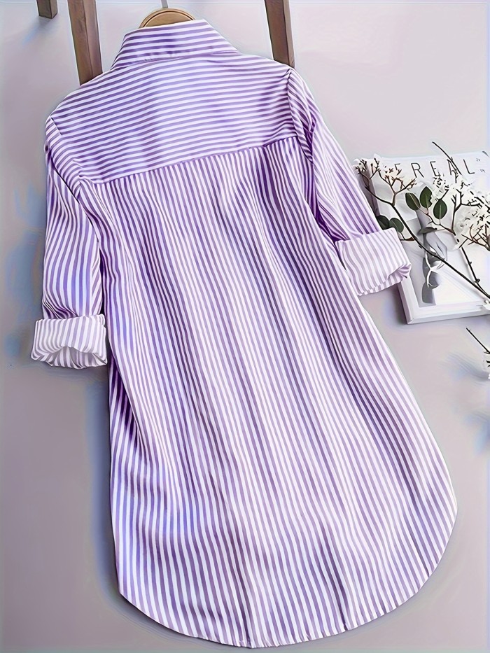 Stripe Print Button Front Blouse, Casual Long Sleeve Blouse For Spring & Fall, Women's Clothing