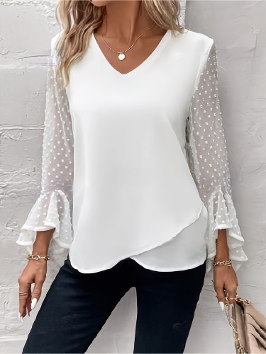 Elegant V-neck Swiss Dot Mesh Blouse - Cross Flare Sleeve For Spring & Fall - Women's Clothing