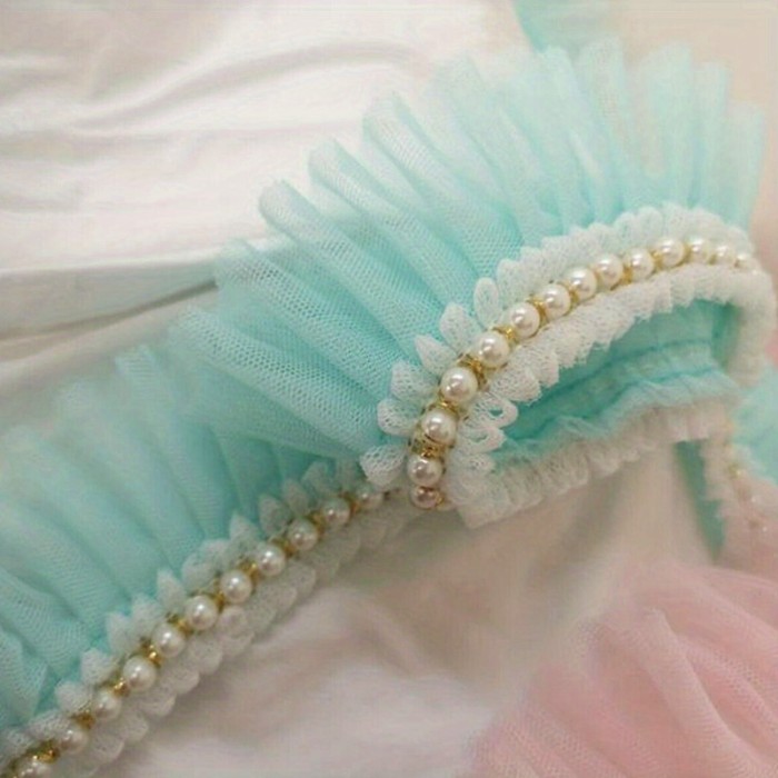 Ruffled Pearl Trim Sewing Ribbon - 1 Yard, 6cm Wide, Elegant Pearl Embellishments | Bright Pink\u002FWhite\u002FTeal Green, Ideal for Doll Collars, Skirts, Crafts