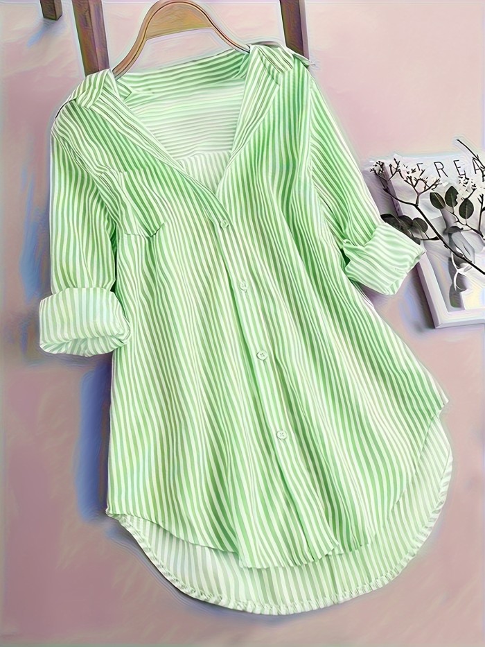 Stripe Print Button Front Blouse, Casual Long Sleeve Blouse For Spring & Fall, Women's Clothing