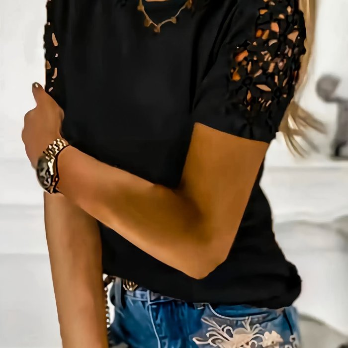 Solid Lace Stitching Crew Neck T-Shirt, Elegant Short Sleeve T-Shirt For Spring & Summer, Women's Clothing