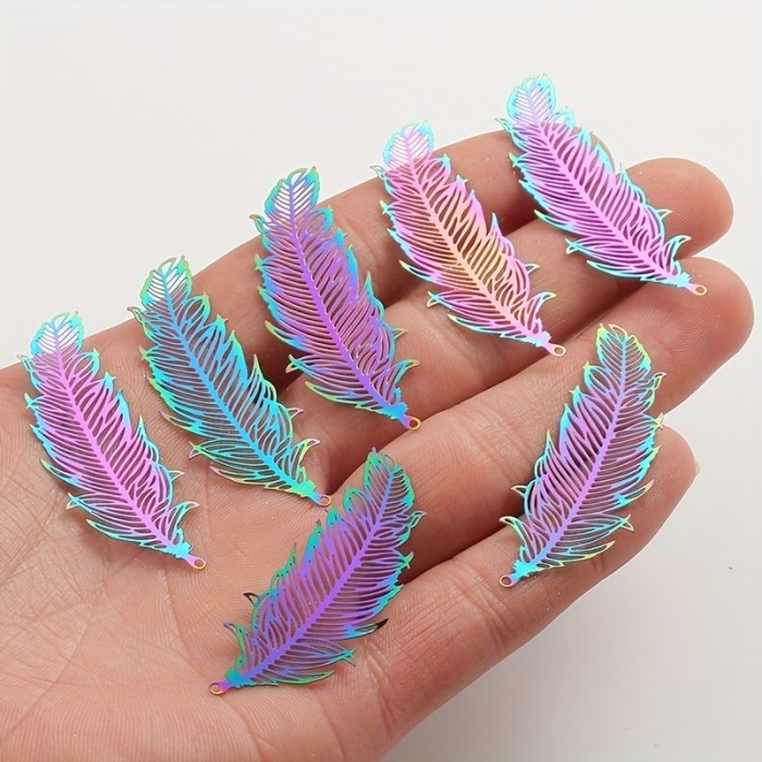 10pcs Rainbow Stainless Steel Feather Hollow Pendant Charms DIY Necklace Earring - For Jewelry Making - For Crafters & DIY Enthusiasts - Perfect Gift for Jewelry Lovers