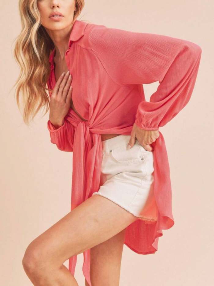 Womens Casual Boho Chic Front Tie Knot Crop Blouse Coral Pink Long Lantern Sleeve Collared Neck Flowy Textured Summer Beach Party Top
