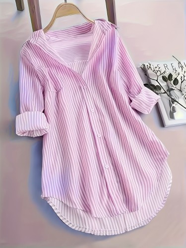 Stripe Print Button Front Blouse, Casual Long Sleeve Blouse For Spring & Fall, Women's Clothing
