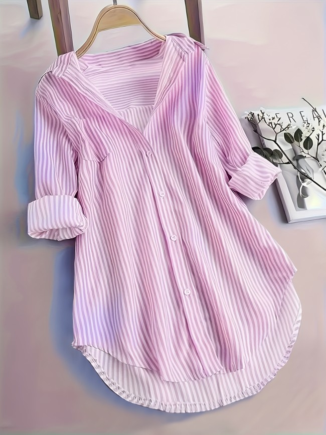 Stripe Print Button Front Blouse, Casual Long Sleeve Blouse For Spring & Fall, Women's Clothing