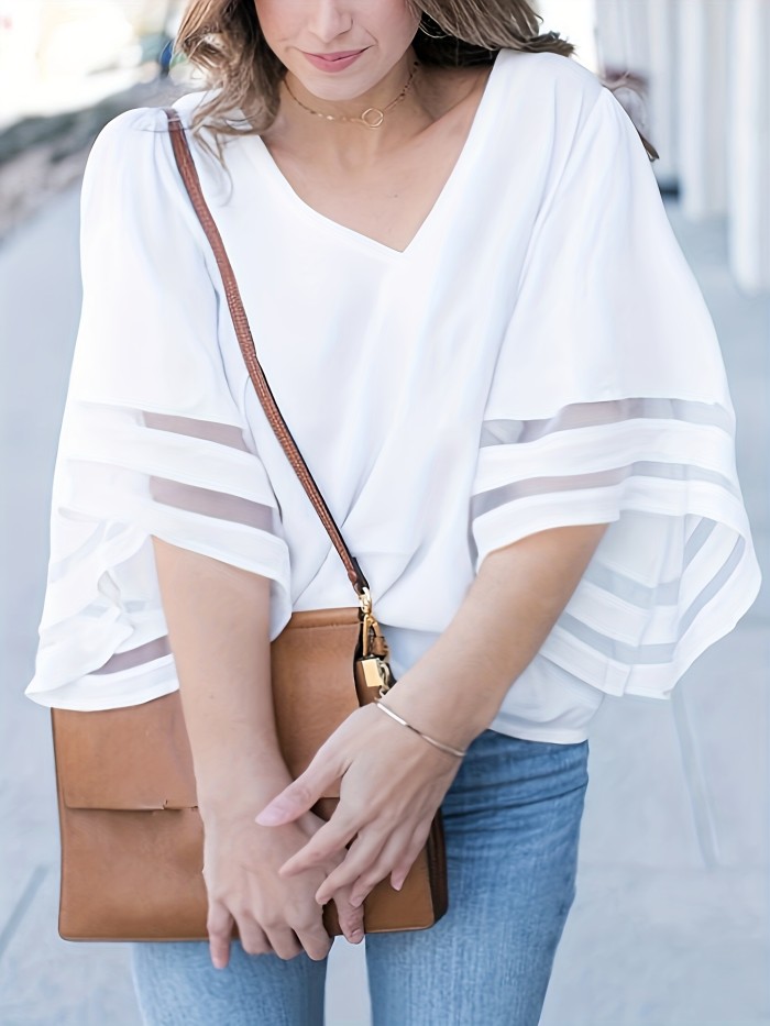 New Women Plus Size Loose V Neck Tops Ladies Mesh Stitching 3\u002F4 Sleeve Casual Holiday Blouse Shirt Female Blusas Tunic Shirts Tops
