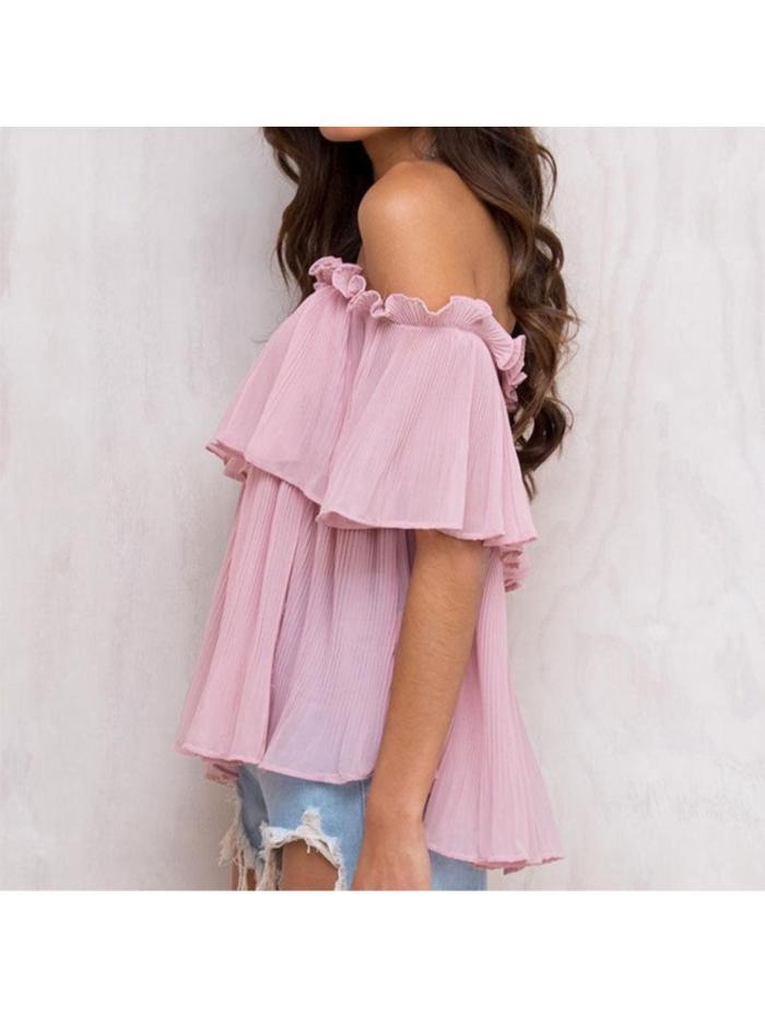 Women'S Off Shoulder Top Elegant Ruffle Short Sleeve Chiffon Blouse Tops Fashion Casual Loose Shirts