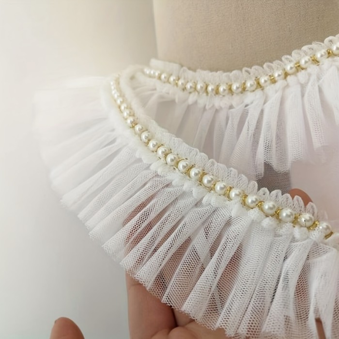 Ruffled Pearl Trim Sewing Ribbon - 1 Yard, 6cm Wide, Elegant Pearl Embellishments | Bright Pink\u002FWhite\u002FTeal Green, Ideal for Doll Collars, Skirts, Crafts