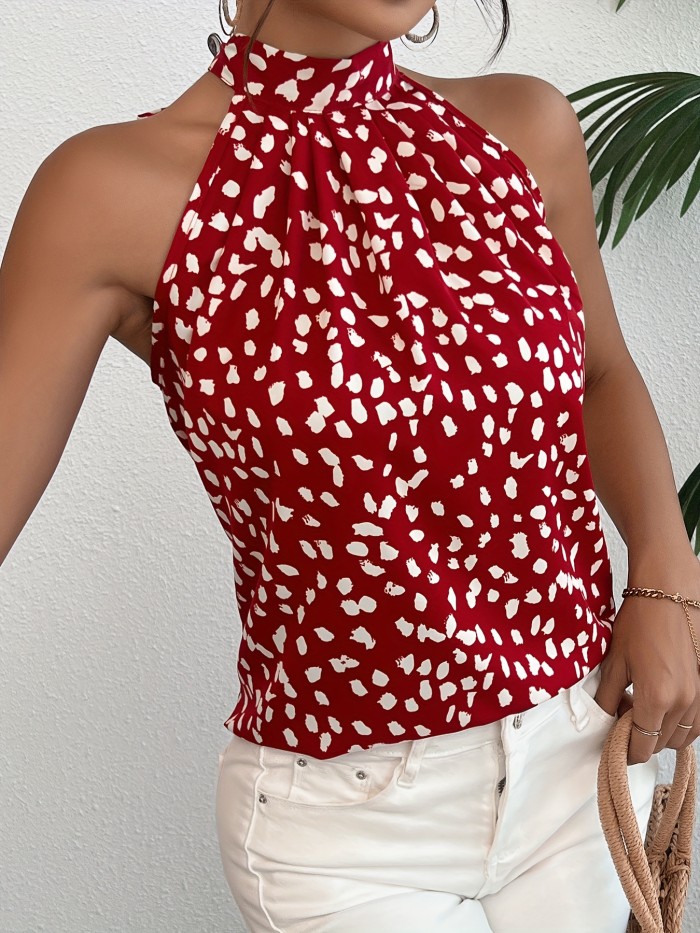 Sleeveless Choker Neck Blouse Allover Print Choker Neck Blouse, Casual Sleeveless Blouse For Spring & Summer, Women's Clothing