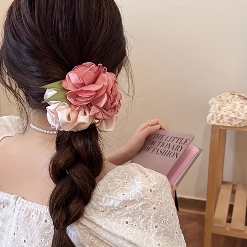 1pc Elegant Rose Flower Hair Clip for Women – Chic Pink & White Floral Hair Accessory with Green Leaves, Perfect for Casual Attire, Valentine's Day, and Special Occasions, Special Occasion Accessory | Elegant Hair Clip | Delicate Construction