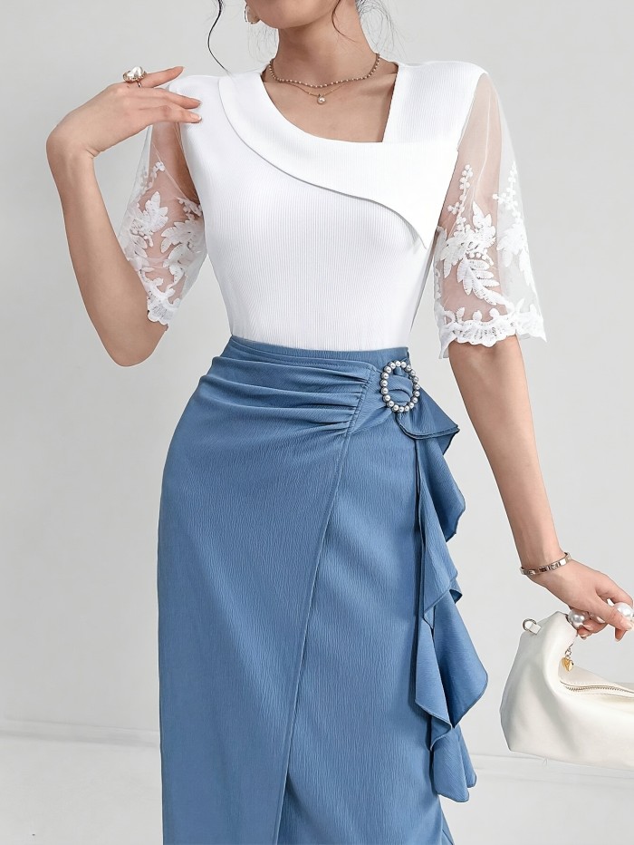 Women's Elegant White T-Shirt - Asymmetrical Neckline, Floral Lace, Sheer Sleeve, High Stretch Polyester Blend for Spring\u002FFall Fashion