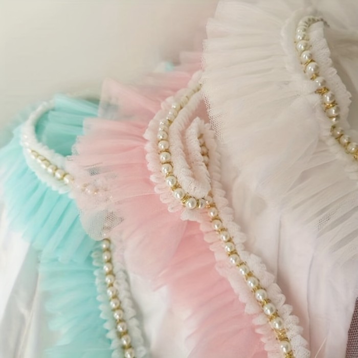 Ruffled Pearl Trim Sewing Ribbon - 1 Yard, 6cm Wide, Elegant Pearl Embellishments | Bright Pink\u002FWhite\u002FTeal Green, Ideal for Doll Collars, Skirts, Crafts