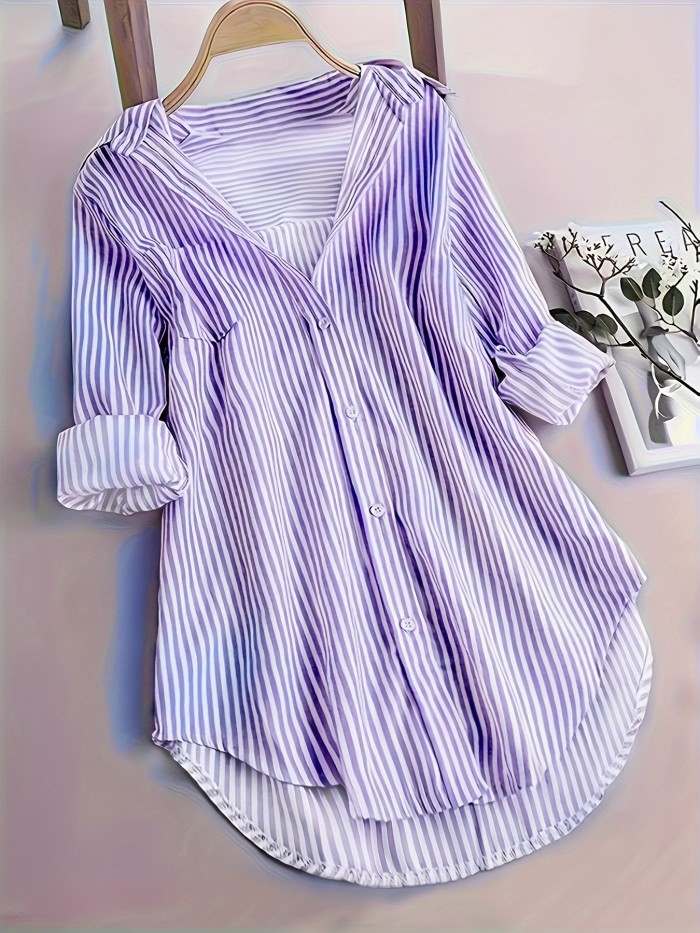 Stripe Print Button Front Blouse, Casual Long Sleeve Blouse For Spring & Fall, Women's Clothing