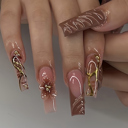A Set of 24 Teardrop-Shaped False Nails, Luxurious And Shining, Gilded, Fragrant, Flowery And Moist Ripples, Suitable for All Women And Girls, Nail Polish And Jelly Glue Are Included in The Box, Easy to Stick And Wear