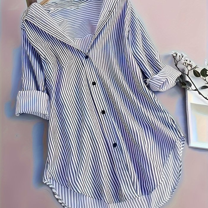 Stripe Print Button Front Blouse, Casual Long Sleeve Blouse For Spring & Fall, Women's Clothing