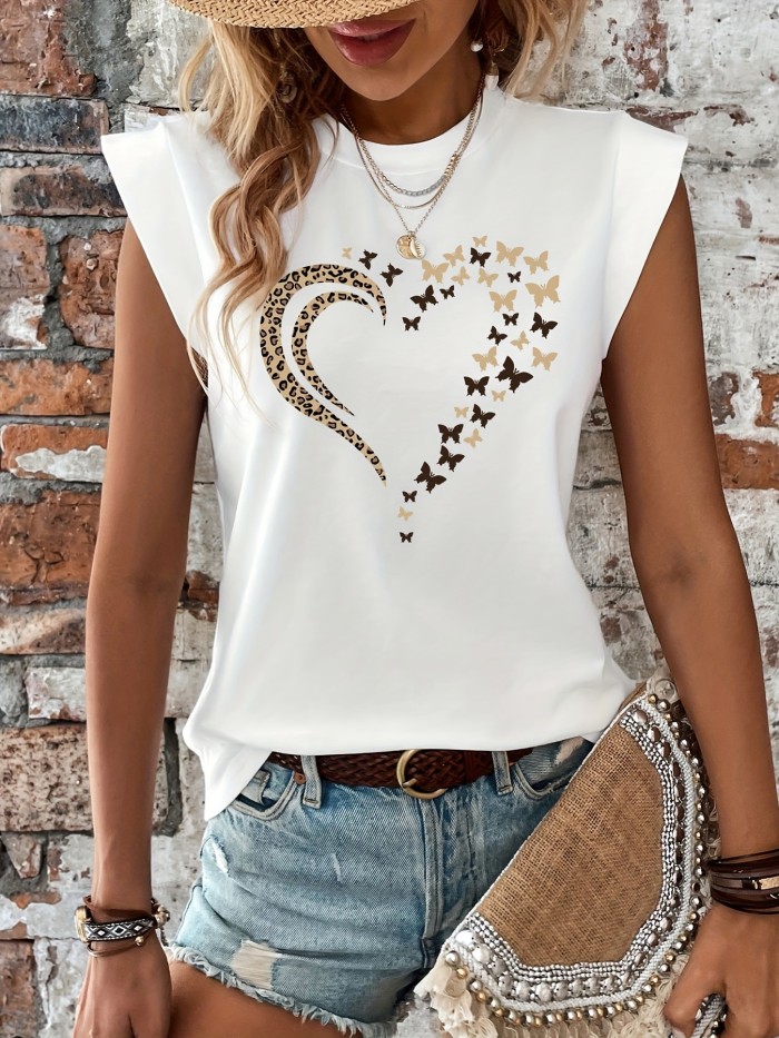 Print T-Shirt For Spring Heart & Butterfly Print T-Shirt, Casual Crew Neck Cap Sleeve T-Shirt For Spring & Summer, Women's Clothing