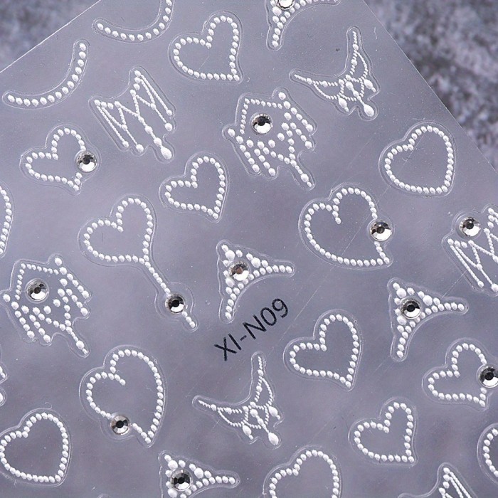 2pcs 3D Heart Chain Rhinestones and Pearls Nail Stickers White Elegant Lace Necklace Crown French Stripe Line Gem Jewelry Design DIY Fashion Self-Adhesive Gel Polish Decal Sliders Nail Art Decoration - Glossy Finish, French Manicure Pattern, Unscented, Fantasy and Love Theme, Single Use, Rhinestone Embellishment, Plastic Material, Self-Adhesive Mounting