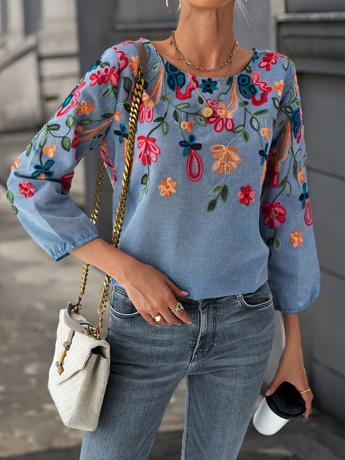Long Sleeve Elegant Floral Blouse Elegant Embroidered Floral Blouse - Polyester & Rayon, Crew Neck, Long Sleeve, Non-Sheer - Perfect for All Seasons
