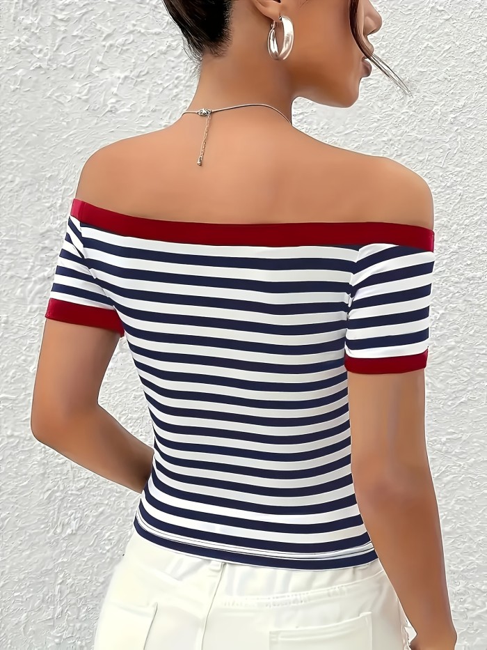 Chic Off-Shoulder Striped Top for Women - Navy & Red Stripes, Short Sleeve, Stretchy Polyester Blend, Sexy Summer Style, Machine Washable, Casual Wear | Sexy Summer Top | Comfortable Fit