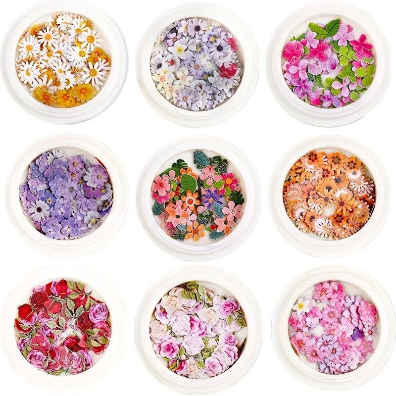 9 Boxes, 3D Flower Nail Stickers, 450Pcs Holographic Simulation Flower Leaf Nail Glitter Sequin Acrylic Paillettes, Sparkle Nail Glitter For Nail Art Decoration
