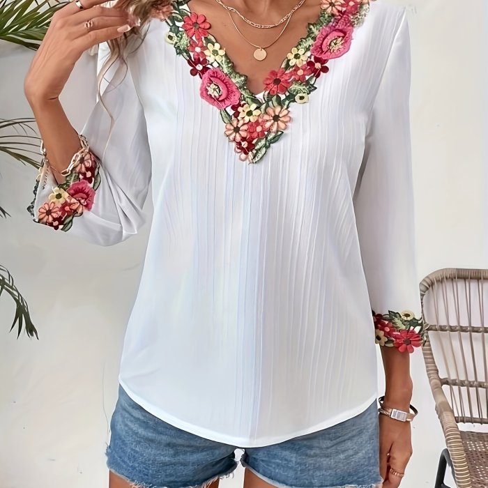 All-Season Floral Print V-Neck Shirt Elegant Floral Embroidered V-Neck Shirt for Women - Polyester Woven Casual Blouse with Frill Collar, All-Season Floral Print, Adult Fit