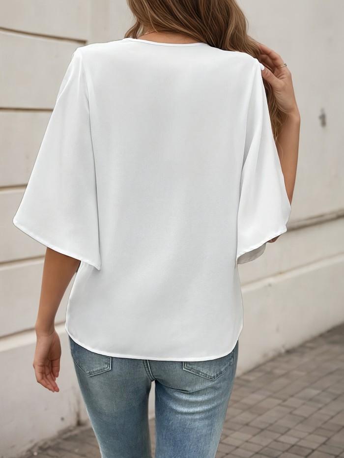 1pc Women's V-Neck Lace Trim Flared Sleeve Blouse - Lightweight Breathable Summer Top, Regular Fit White Shirt for Office, Dating & Casual Outfits, Office Wear | Nontransparent Fabric