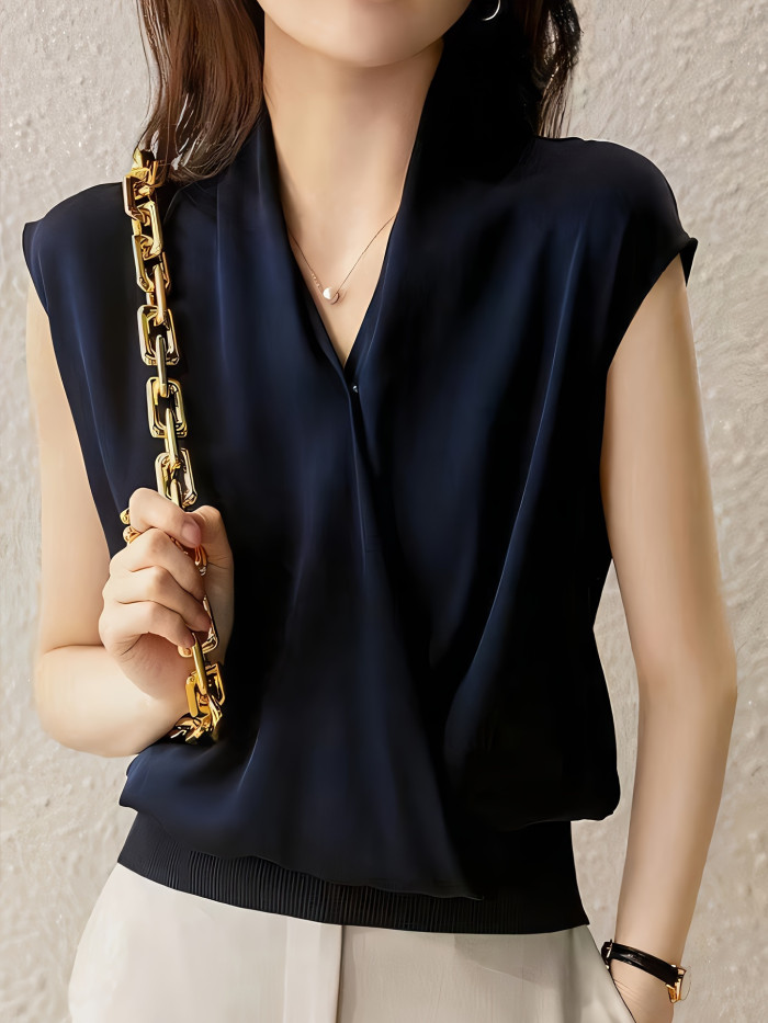 Solid Color Surplice Neck Blouse, Elegant Sleeveless French Style Blouse For Summer, Women'S Clothing