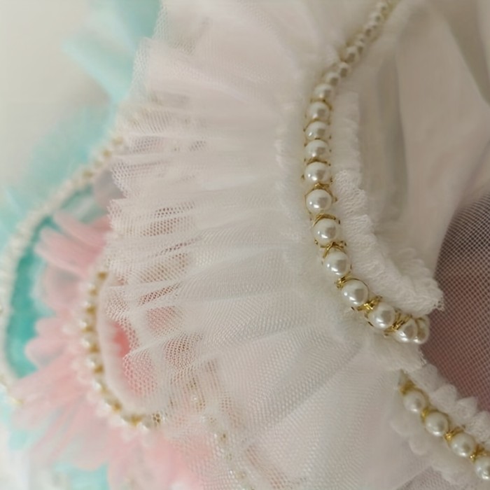Ruffled Pearl Trim Sewing Ribbon - 1 Yard, 6cm Wide, Elegant Pearl Embellishments | Bright Pink\u002FWhite\u002FTeal Green, Ideal for Doll Collars, Skirts, Crafts