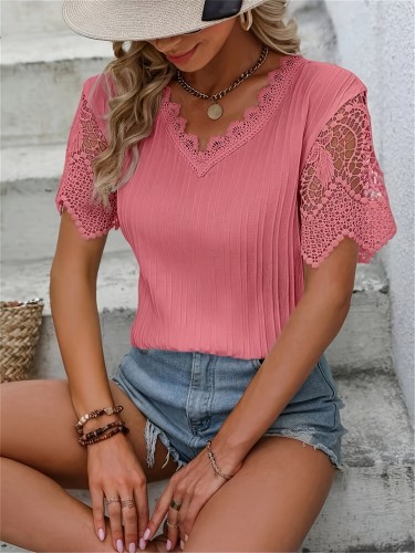 Contrast Lace V Neck Blouse, Elegant Short Sleeve Blouse For Spring & Summer, Women's Clothing