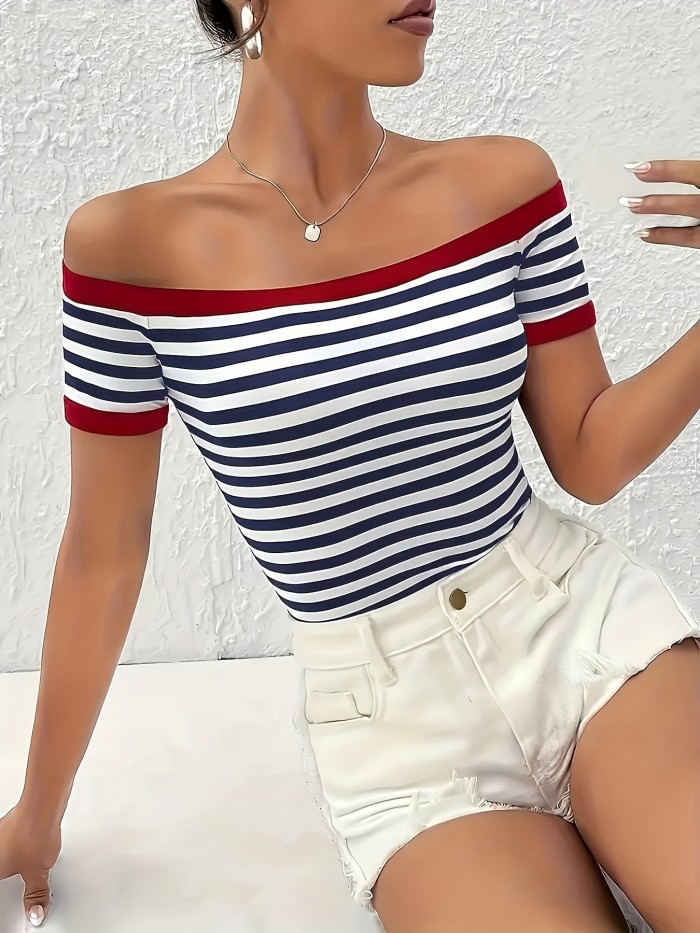 Chic Off-Shoulder Striped Top for Women - Navy & Red Stripes, Short Sleeve, Stretchy Polyester Blend, Sexy Summer Style, Machine Washable, Casual Wear | Sexy Summer Top | Comfortable Fit