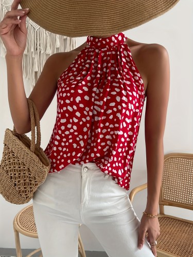 Sleeveless Choker Neck Blouse Allover Print Choker Neck Blouse, Casual Sleeveless Blouse For Spring & Summer, Women's Clothing