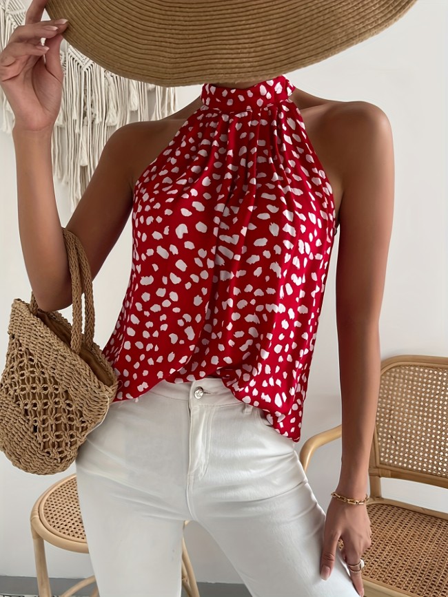 Sleeveless Choker Neck Blouse Allover Print Choker Neck Blouse, Casual Sleeveless Blouse For Spring & Summer, Women's Clothing