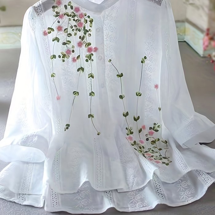 Elegant Floral Blouse for Women - Sheer White, Round Neck, Ruffled Cuffs | Perfect for Spring & Summer, Feminine Style
