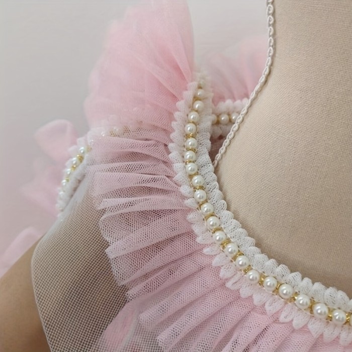 Ruffled Pearl Trim Sewing Ribbon - 1 Yard, 6cm Wide, Elegant Pearl Embellishments | Bright Pink\u002FWhite\u002FTeal Green, Ideal for Doll Collars, Skirts, Crafts