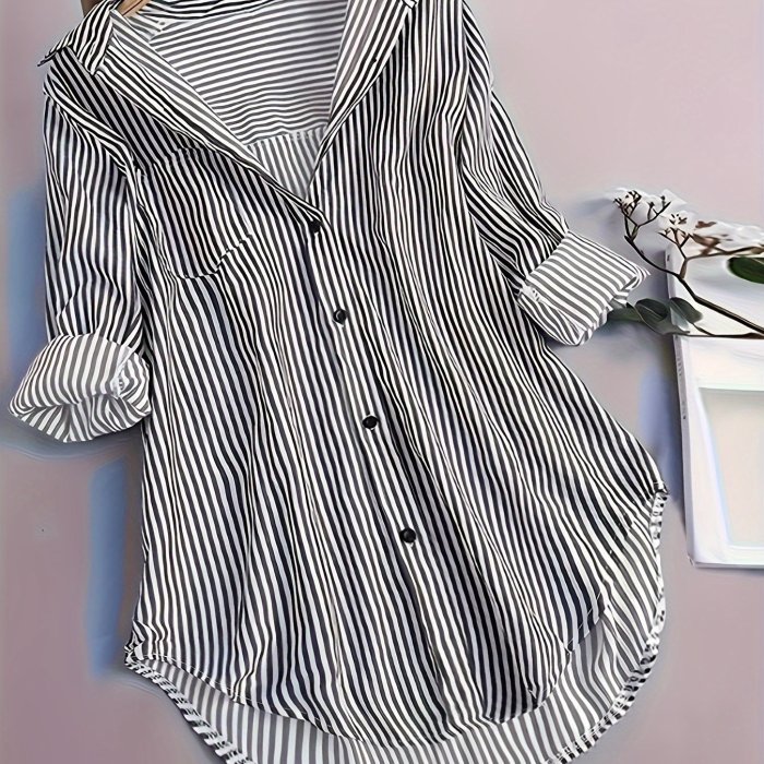 Stripe Print Button Front Blouse, Casual Long Sleeve Blouse For Spring & Fall, Women's Clothing