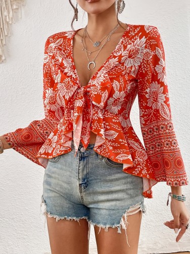 Women's Boho Floral Print Blouse - Soft, Comfortable Long Sleeve V-Neck Top with Tie Front Detail, Perfect for Beach Vacations and Casual Outfits
