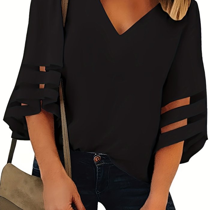 New Women Plus Size Loose V Neck Tops Ladies Mesh Stitching 3\u002F4 Sleeve Casual Holiday Blouse Shirt Female Blusas Tunic Shirts Tops