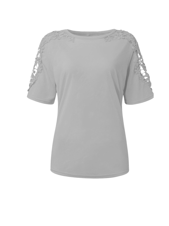 Solid Lace Stitching Crew Neck T-Shirt, Elegant Short Sleeve T-Shirt For Spring & Summer, Women's Clothing