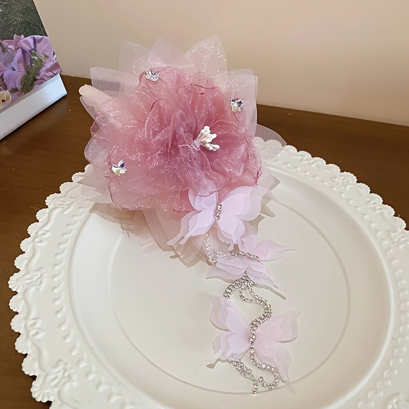 1pc Elegant Acrylic Flower Hair Claw with Rhinestone Butterfly Tassel, Sweet Style Mesh Hair Accessory, Single Piece, Middle Size, Color Matching Design
