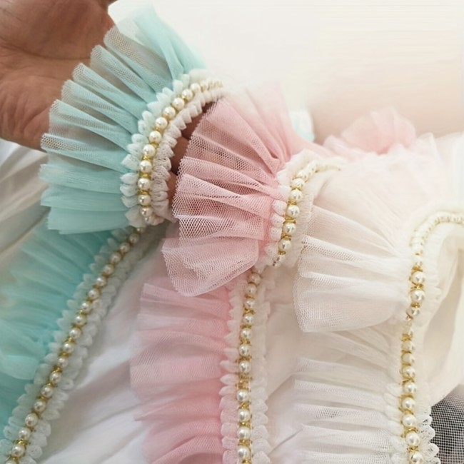 Ruffled Pearl Trim Sewing Ribbon - 1 Yard, 6cm Wide, Elegant Pearl Embellishments | Bright Pink\u002FWhite\u002FTeal Green, Ideal for Doll Collars, Skirts, Crafts