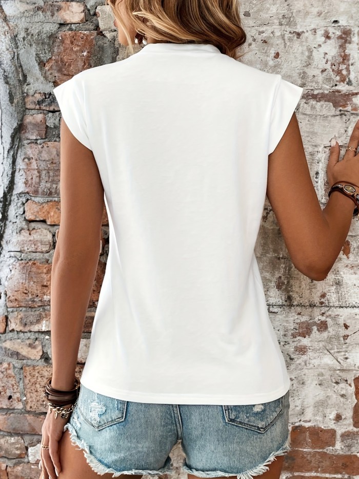 Print T-Shirt For Spring Heart & Butterfly Print T-Shirt, Casual Crew Neck Cap Sleeve T-Shirt For Spring & Summer, Women's Clothing