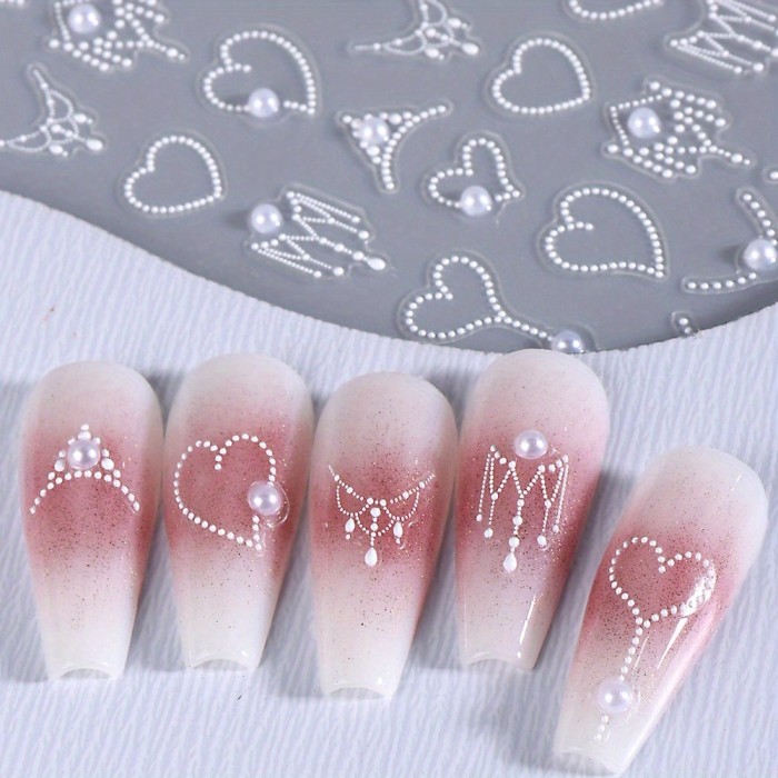 2pcs 3D Heart Chain Rhinestones and Pearls Nail Stickers White Elegant Lace Necklace Crown French Stripe Line Gem Jewelry Design DIY Fashion Self-Adhesive Gel Polish Decal Sliders Nail Art Decoration - Glossy Finish, French Manicure Pattern, Unscented, Fantasy and Love Theme, Single Use, Rhinestone Embellishment, Plastic Material, Self-Adhesive Mounting
