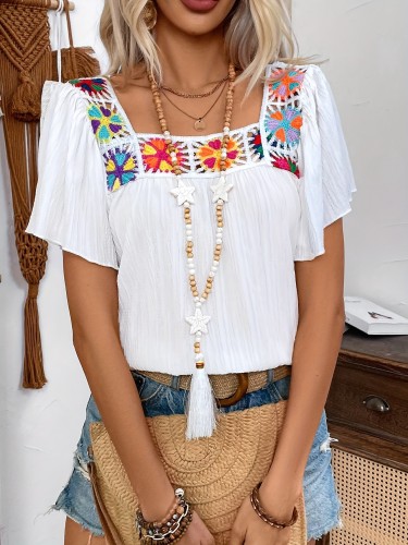 Women'S Fashion Elegant Casual Tops Square Neck Patchwork Polyester Hollow Woven Tops for Adult, Spring, Summer, Fall