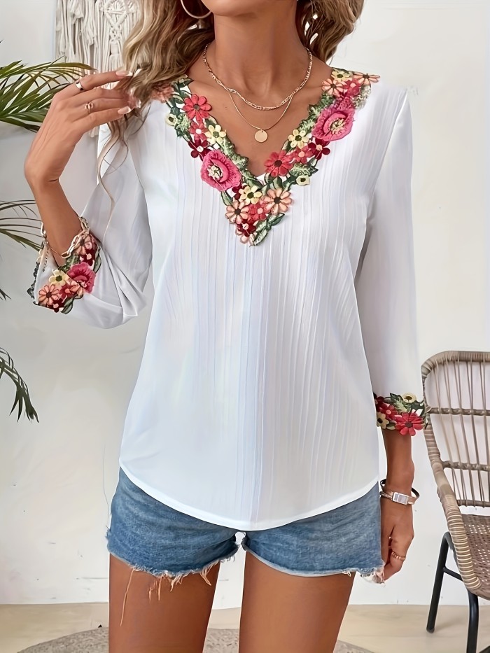 All-Season Floral Print V-Neck Shirt Elegant Floral Embroidered V-Neck Shirt for Women - Polyester Woven Casual Blouse with Frill Collar, All-Season Floral Print, Adult Fit