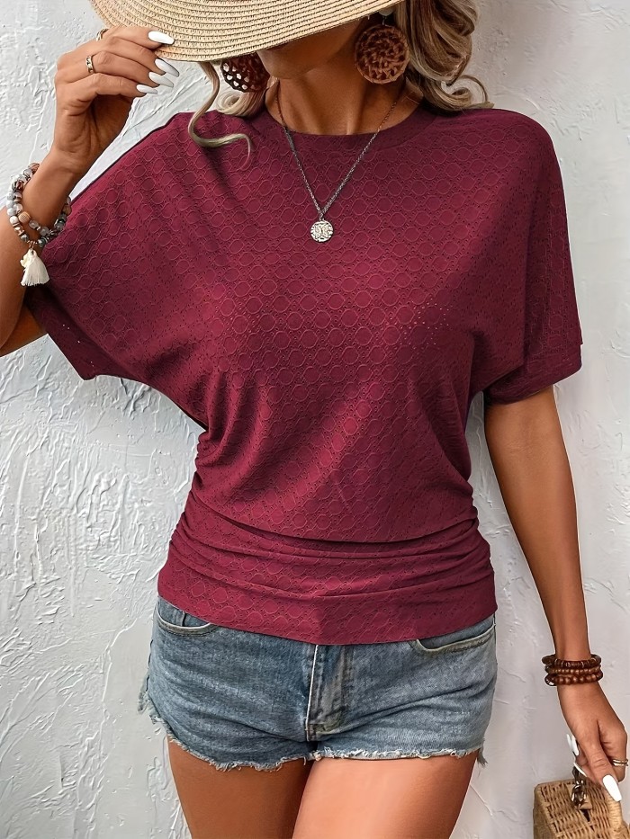 Elegant Blouse Lightweight Polyester Women's Elegant Solid Color Blouse - Casual Textured Batwing Sleeves, Ruched Detail, Perfect for Spring\u002FSummer