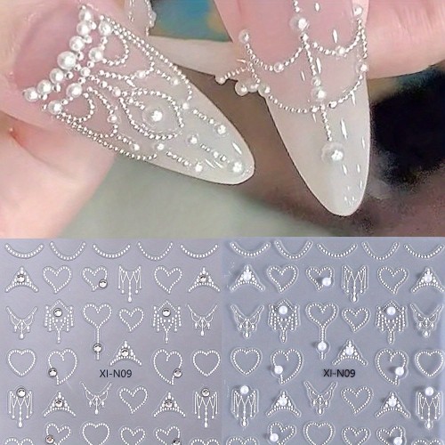2pcs 3D Heart Chain Rhinestones and Pearls Nail Stickers White Elegant Lace Necklace Crown French Stripe Line Gem Jewelry Design DIY Fashion Self-Adhesive Gel Polish Decal Sliders Nail Art Decoration - Glossy Finish, French Manicure Pattern, Unscented, Fantasy and Love Theme, Single Use, Rhinestone Embellishment, Plastic Material, Self-Adhesive Mounting