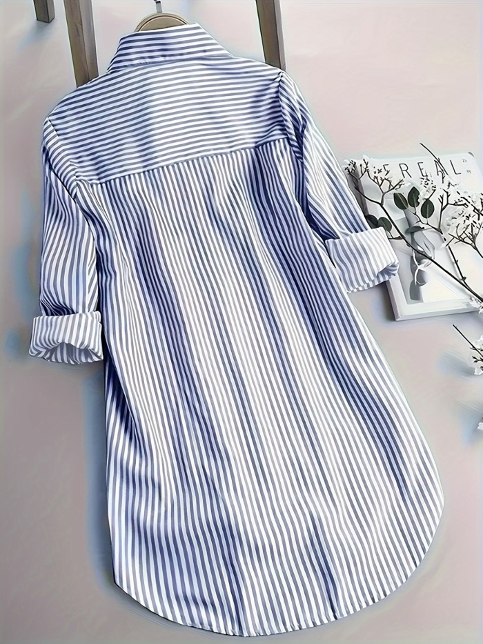 Stripe Print Button Front Blouse, Casual Long Sleeve Blouse For Spring & Fall, Women's Clothing